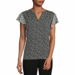 Top 10 🧨 Investments Petite Size Shadow Check Split V-Neck Short Flutter Sleeve Top 😉