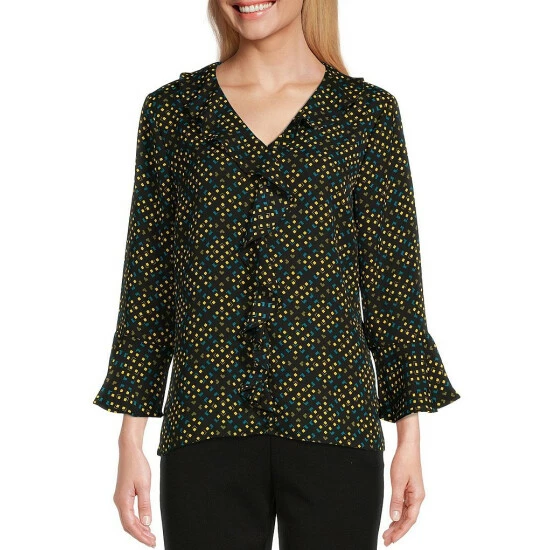 Brand new ๐ Investments Riley Diamond Kaleidoscope Print Woven Ruffle V-Neck 3/4 Sleeve Top ๐ 1 Brand new ๐ Investments Riley Diamond Kaleidoscope Print Woven Ruffle V-Neck 3/4 Sleeve Top ๐
