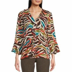 Best reviews of 🔔 Investments Petite Size Riley Rustic Zebra Print Woven Cascading Ruffle V-Neck 3/4 Sleeve Top 🤩