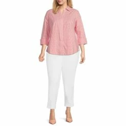Flash Sale ❤️ Investments Plus Size Taylor Gold Label Non Iron Point Collar 3/4 Sleeve Gingham Button Front 👚 Shirt Rose Gingham 🛒 -Investments Shop unnamed file 2102