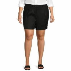 Deals 👏 Investments Plus Size Linen Mid Rise Pleated Cuffed Shorts Black ✨