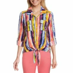 Buy 🔥 Investments Petite Size Kelly Point Collar Long Roll-Tab Sleeve Button Tie Front Stripe Top Fluid Stripe 🎁