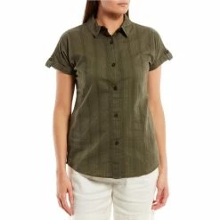 Promo ✨ Investments Woven Short Sleeve Point Collar Button Front Top Antique Green 🎉