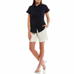 Promo ✨ Investments Woven Short Sleeve Point Collar Button Front Top Antique Green 🎉 -Investments Shop unnamed file 2125