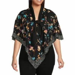 Cheapest ⭐ Slim Factor By Investments Plus Size Floral Print 3/4 Sleeve V-Neck Tie Poncho Flower Scarf ❤️