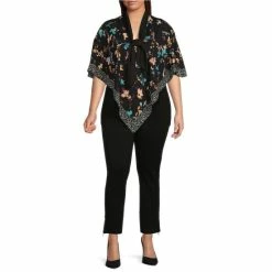 Cheapest ⭐ Slim Factor By Investments Plus Size Floral Print 3/4 Sleeve V-Neck Tie Poncho Flower Scarf ❤️ -Investments Shop unnamed file 2128
