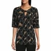Cheap 😍 Investments Petite Size Knit Art Deco Geo Print Keyhole Neck Elbow Sleeve Top 🔔