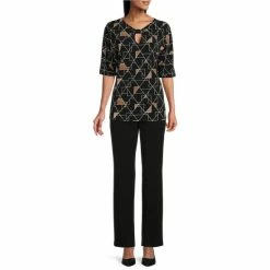 Cheap 😍 Investments Petite Size Knit Art Deco Geo Print Keyhole Neck Elbow Sleeve Top 🔔 -Investments Shop unnamed file 2139