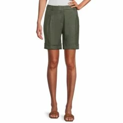 Outlet 😀 Investments Linen Pleated Cuffed Mid Rise Shorts Abundant Green 🥰
