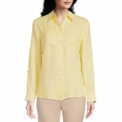 Flash Sale 🥰 Investments Petite Size Hannah Gold Label Non-Iron Linen Point Collar Long Roll-Tab Sleeve Relaxed 👚 Shirt Pale Banana 🎁 -Investments Shop unnamed file 2150