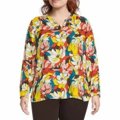 Coupon 🎉 Investments Plus Size Retro Floral Print Long Sleeve Y-Neck Woven Top 👍