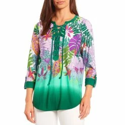 Investments Shop 13 Best Sale 🧨 Slim Factor By Investments Ombre Tropical Floral Print 3/4 Sleeve Lace Up Tie Split V-Neck Knit Blouse Tropical Floral Ombre 🎁