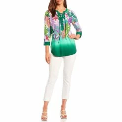 Best Sale 🧨 Slim Factor By Investments Ombre Tropical Floral Print 3/4 Sleeve Lace Up Tie Split V-Neck Knit Blouse Tropical Floral Ombre 🎁 -Investments Shop unnamed file 2168