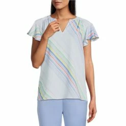 Investments Shop 11 Best Sale 🧨 Investments Diagonal Stripe Print Split V-Neck Short Flutter Sleeve Top 🔔