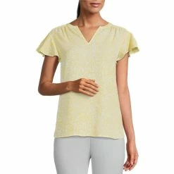 Investments Shop 9 Cheapest ⭐ Investments Petite Size Breezy Petal Print Split V-Neck Short Flutter Sleeve Top ⭐