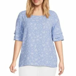 Investments Shop 7 Best deal 🎉 Investments Plus Size Floral Print Jewel Neck Short Tiered Sleeve Woven Top 😍