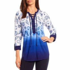 Investments Shop 5 Flash Sale 🔥 Slim Factor By Investments Seashell Ombre Print 3/4 Sleeve Lace Up Tie Split V-Neck Knit Blouse 🎉