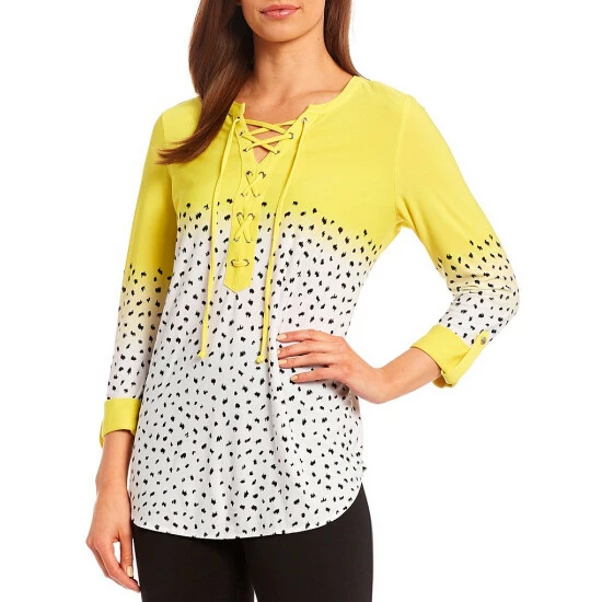 Outlet π₯° Slim Factor By Investments Texture Dot Ombre Print 3/4 Sleeve Lace Up Tie Split V-Neck Knit Blouse π 1 Outlet π₯° Slim Factor By Investments Texture Dot Ombre Print 3/4 Sleeve Lace Up Tie Split V-Neck Knit Blouse π