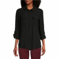 Cheap 🌟 Investments Olivia Point Collar Long Roll-Tab Sleeve Button Front Utility Blouse Black 🔥