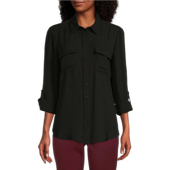 Cheap 🌟 Investments Olivia Point Collar Long Roll-Tab Sleeve Button Front Utility Blouse Black 🔥 1 Cheap 🌟 Investments Olivia Point Collar Long Roll-Tab Sleeve Button Front Utility Blouse Black 🔥