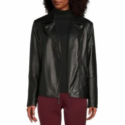 Cheap 🎉 Investments Genuine Lamb Leather Zip Front Notch Collar Long Sleeve Moto Jacket Black 🤩