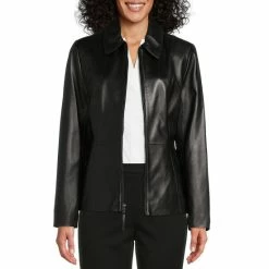 Best Sale ๐ Investments Genuine Lamb Leather Point Collar Long Sleeve Zip Front Jacket Ruby Red ๐ฏ