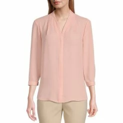 Coupon ✔️ Investments Caroline Signature V-Neck 3/4 Sleeve Button Front Top Stoplight Red 🎉