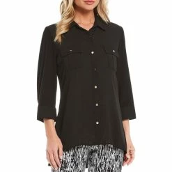 Promo 🤩 Slim Factor By Investments Bridget 3/4 Sleeve Button Front High-Low Top Royal Blue 👍