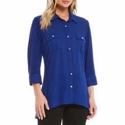 Promo 🤩 Slim Factor By Investments Bridget 3/4 Sleeve Button Front High-Low Top Royal Blue 👍 -Investments Shop unnamed file 268