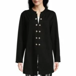 Coupon 🥰 Slim Factor By Investments Ponte Knit Double Breasted Decorative Rhinestone Button Front Statement Jacket Black ⭐