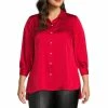 Deals 🥰 Slim Factor By Investments Plus Size Rich Red Puff Sleeve Button Front Satin Blouse 😍