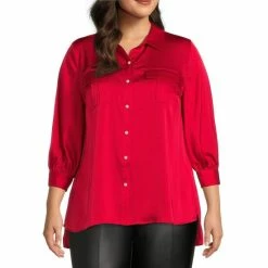 Deals 🥰 Slim Factor By Investments Plus Size Rich Red Puff Sleeve Button Front Satin Blouse 😍