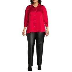 Deals 🥰 Slim Factor By Investments Plus Size Rich Red Puff Sleeve Button Front Satin Blouse 😍 -Investments Shop unnamed file 312