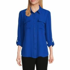 Budget ✨ Investments Petite Size Olivia Point Collar Long Roll-Tab Sleeve Button Front Utility Blouse Black 🧨 -Investments Shop unnamed file 337