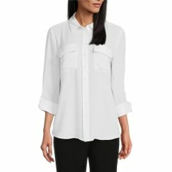 Budget ✨ Investments Petite Size Olivia Point Collar Long Roll-Tab Sleeve Button Front Utility Blouse Black 🧨 -Investments Shop unnamed file 340