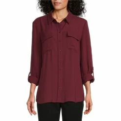 Budget ✨ Investments Petite Size Olivia Point Collar Long Roll-Tab Sleeve Button Front Utility Blouse Black 🧨 -Investments Shop unnamed file 342