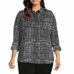 Best deal 🔥 Investments Plus Size Olivia Subtle Plaid Print Point Collar Roll-Tab Sleeve Button Front Utility Blouse ✔️