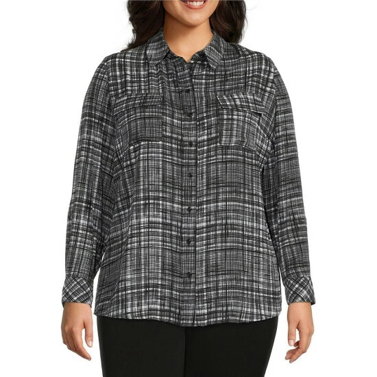 Best deal ๐ฅ Investments Plus Size Olivia Subtle Plaid Print Point Collar Roll-Tab Sleeve Button Front Utility Blouse โ๏ธ 4 Best deal ๐ฅ Investments Plus Size Olivia Subtle Plaid Print Point Collar Roll-Tab Sleeve Button Front Utility Blouse โ๏ธ - Image 4