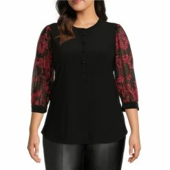 Best Pirce ⌛ Slim Factor By Investments Plus Size Henley Jewel Neck 3/4 Novelty Sleeve Blouse Black 👍