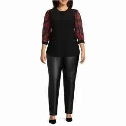 Best Pirce ⌛ Slim Factor By Investments Plus Size Henley Jewel Neck 3/4 Novelty Sleeve Blouse Black 👍 -Investments Shop unnamed file 396