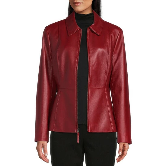 Best Sale 🎉 Investments Genuine Lamb Leather Point Collar Long Sleeve Zip Front Jacket Ruby Red 💯 5 Best Sale 🎉 Investments Genuine Lamb Leather Point Collar Long Sleeve Zip Front Jacket Ruby Red 💯 - Image 5