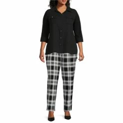 Wholesale ❤️ Slim Factor By Investments Plus Size No Waist Slim Straight Leg Ponte Plaid Print Pants Red Plaid 🔔 -Investments Shop unnamed file 405