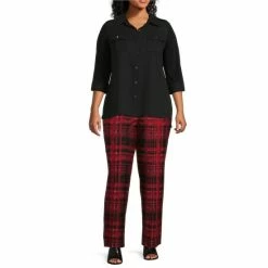 Wholesale ❤️ Slim Factor By Investments Plus Size No Waist Slim Straight Leg Ponte Plaid Print Pants Red Plaid 🔔 -Investments Shop unnamed file 408