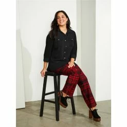 Wholesale ❤️ Slim Factor By Investments Plus Size No Waist Slim Straight Leg Ponte Plaid Print Pants Red Plaid 🔔 -Investments Shop unnamed file 410