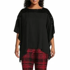 Buy 🔥 Slim Factor By Investments Plus Size Dolman Sleeve Sequin Yoke Tunic Black 🤩