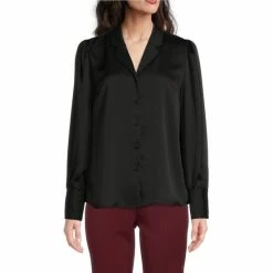 Discount 💯 Investments Petite Size Woven Long Sleeve Button Front Notch Collar Top Black ❤️