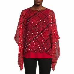Budget 👍 Slim Factor By Investments Mixed Plaid Print Jewel Neck 3/4 Sleeve Layered Poncho Top Red Black Plaid 😍