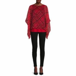 Budget 👍 Slim Factor By Investments Mixed Plaid Print Jewel Neck 3/4 Sleeve Layered Poncho Top Red Black Plaid 😍 -Investments Shop unnamed file 435