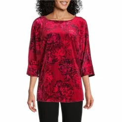 Best deal 🎁 Slim Factor By Investments Floral Print Crew Neck 3/4 Dolman Sleeve Velvet Top Red Floral 😉
