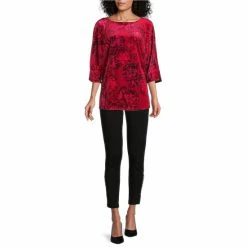 Best deal 🎁 Slim Factor By Investments Floral Print Crew Neck 3/4 Dolman Sleeve Velvet Top Red Floral 😉 -Investments Shop unnamed file 441